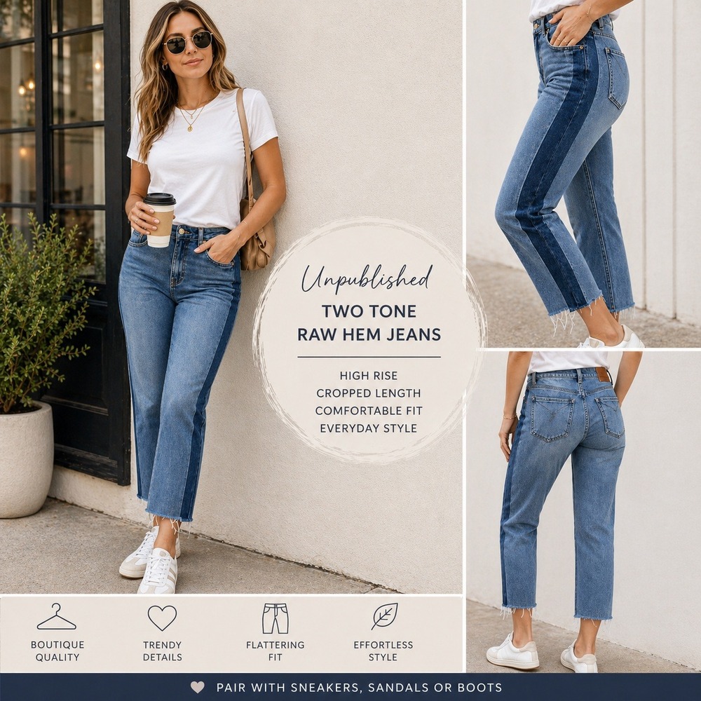 Unpublished Jeans Women Size 31 Blue Two Tone Raw Hem Straight Crop  High Rise